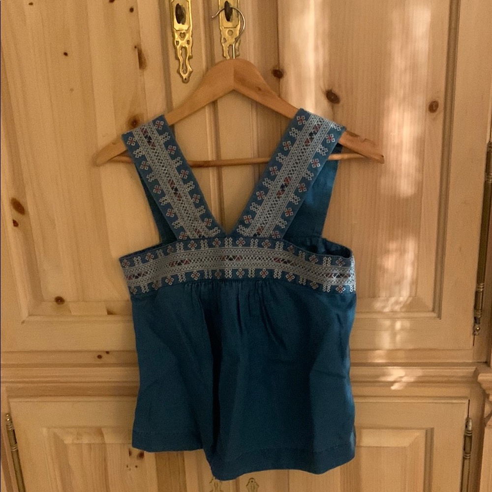 Blue Sleeveless Tank Top with Smocked and Embellished Features
